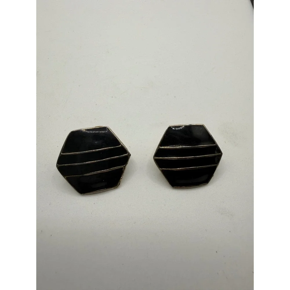 Vintage Black Enamel Hexagon Clip On Earrings Silver Tone Geometric‎ Art Deco